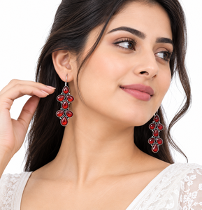 Boucles d'oreilles pendantes longues en argent oxydé avec pierre rouge, style mode, pour femmes, bijoux en gros - Product Image 4