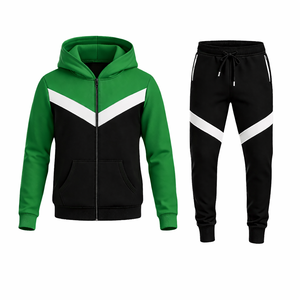 Conjunto de chándal con capucha y cremallera en contraste verde y negro para hombre, con diseño de rayas en V y pantalones deportivos ajustados, conjunto deportivo informal - Product Image 1