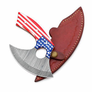 Couteau de chasse/camping à lame dentelée en acier Damas avec poignée drapeau américain, lame pied-de-mouton, étui en cuir, qualité OEM/ODM DIY - Product Image 1