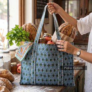 กระเป๋าผ้าฝ้ายพิมพ์ลายบล็อกด้วยมือ ทรงโท้ทขนาดใหญ่ สะพายไหล่ได้  กระเป๋าถือสำหรับผู้หญิง เป็นมิตรกับสิ่งแวดล้อม ใช้ได้ทั้งไปทะเลและใส่ของชำ - Product Image 3