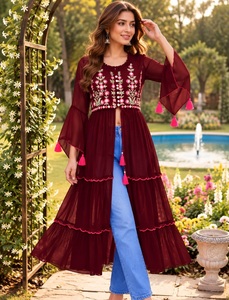 Indian Ethnic Style <b>Burgundy</b> Embroidered Work Muslim Cardigan <b>Top</b> Tassel Sleeve for <b>Women</b> Modest Daily Wear Kurtis Collections - Product Image 1