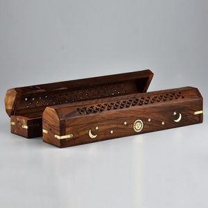 Hand-Carved Wooden Incense Box Sun Moon & Stars Brass Inlay Holder With Ash Catcher Shisham Wood Spiritual Arabic Home Decor - Product Image 6
