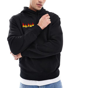 Custom Logo Men's <b>Black</b> Hooded <b>Fleece</b> Sweatshirt Regular Fit Front Flame Print Casual Style Pocket Design Waterproof Winter Wear - Product Image 1