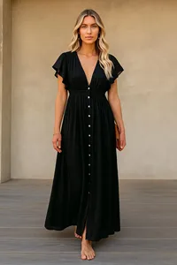 Vestido Largo Bohemio Negro para Mujer, de Algodón y Lino, Cuello en V, Manga Corta con Volantes, Cintura Ajustable con Cordón, Botones, Corte Holgado - Product Image 3