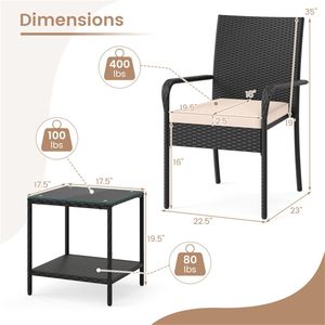 Set Bistrot da Esterno in Rattan PE a 3 Pezzi, Resistente alle Intemperie, con Tavolino Laterale in Vetro Temperato a 2 Livelli, Sedie da Giardino Beige - Product Image 4