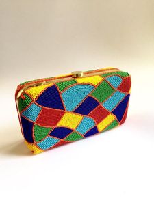 Pochette rigide multicolore à motifs géométriques perlés, sac de soirée en perles de rocaille, sac à main, pochette de soirée, portefeuille de poignet pour femme - Product Image 1