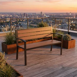 Two Seater Office <b>Sofa</b> <b>Bench</b> with Wooden Slat Seat Backrest Black Metal Frame Armrests for Reception Lobby Waiting Area - Product Image 5