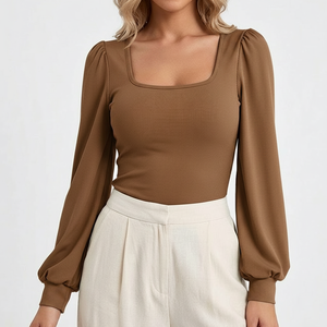 Haut côtelé à col carré et manches longues pour femme, coupe ajustée, extensible, respirant, en maille douce, pour le quotidien, vente en gros OEM - Product Image 1