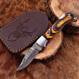 Cuchillo Plegable de Acero Damasco Nordic Forge con Bloqueo Trasero, Mango de Piedra Turquesa y Cuerno, Funda, Cuchillo de Bolsillo EDC para Camping y Caza - Product Image 1