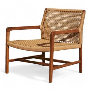 Fauteuil de salon moderne en teck, dossier en rotin tressé à la main, structure en bois massif, design scandinave, fauteuil de détente - Product Image 5