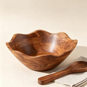 Bol en bois rustique fait main au design classique, plat de service en bois naturel non traité, mangue et acacia, pour fruits, collations, salades, cuisine et salle à manger - Product Image 2
