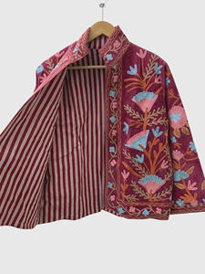 Veste en coton brodée à la main à motifs floraux, col mandarin, manches longues, grande taille, style chic prairie pour femmes, automne - Product Image 3
