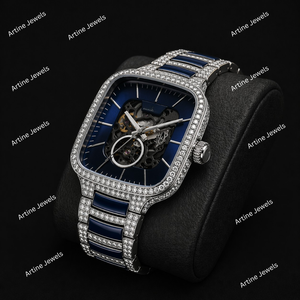 Blue <b>Skeleton</b> Crystal Square <b>Watch</b> <b>Automatic</b> Open Gear Dial Silver Tone Luxury Timepiece For Men Modern Fashion Gift - Product Image 2