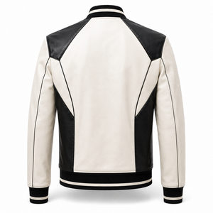 <b>Men</b>’s Two-Tone Leather Bomber <b>Jacket</b> with Geometric Panels, Front Zip Closure and Rib Knit Trims - Product Image 2