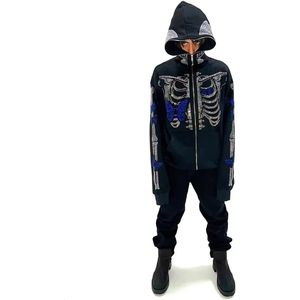 Men's Black Hooded Tracksuit Set With Rhinestone <b>Skeleton</b> Print <b>Full</b> Sleeve Zipper Pants Streetwear Winter Wear Regular Fit - Product Image 1