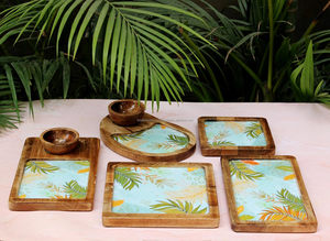 Ensemble de plateaux de service élégants en bois faits à la main Falak World Export, motif végétal, ensemble multi-pièces, forme rectangulaire, design floral - Product Image 6