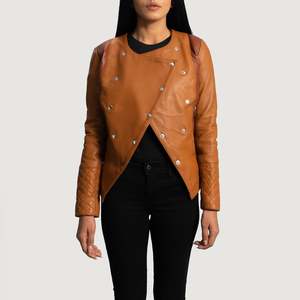 Chaqueta de Cuero de Piel de Oveja Genuina de la Mejor Calidad, Diseño en Bloques de Color Bronceado, Abrigo de Invierno para Mujer, Transpirable, Hecho con Cuero de Alta Calidad - Product Image 4
