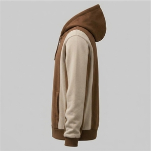 Sweat à capuche zippé en molleton à empiècements, coupé et cousu sur mesure |   Sweat à capuche pour homme en tissu épais marron et beige - Product Image 5