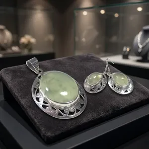 # Prehnite 925 Sterling Silver Handcrafted Wholesale Jaipur Jewelry Set With Pendant Earrings Natural Green Gemstone - Product Image 2