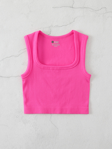 Solid Color Square Collar Sleeveless <b>Ribbed</b> Slim Fit Basic Racerback <b>Vest</b> Quick-dry Breathable Running Fitness Crop Tank Top - Product Image 5