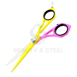 กรรไกรตัดผมสีเหลืองนีออนและชมพูแบบมืออาชีพ พร้อมใบมีดตรงคมกริบและด้ามจับทรงเรขาคณิตตามหลักสรีรศาสตร์ - Product Image 5