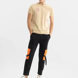 Pantalon de jogging cargo noir pour homme avec poches orange, taille élastique et cordon de serrage, décontracté, respirant, mi-lourd, tricoté, automne - Product Image 3