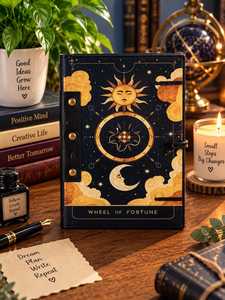 Celestial Wheel of Fortune Leather Journal 7x5 Inch Sun Moon Tarot <b>Diary</b> Handmade Witchy Notebook Gift - Product Image 3