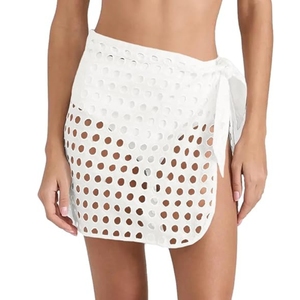 Falda pareo corta para mujer con cintura anudada y diseño hueco, minifalda cruzada, pareo, cubrebañador, para bikini - Product Image 1