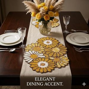 Set de table en tissu perlé bohème en forme de fleur, fait main avec motif marguerites dorées et blanches, diamètre 400 mm, épaisseur 3 mm - Product Image 4