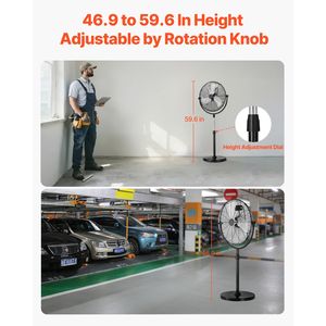 Ventilatore Industriale a Piantana da 20 Pollici con Altezza Regolabile 46.9-59.6 cm, 3 Velocità, Alimentazione CA, Spina AU e US - Product Image 2