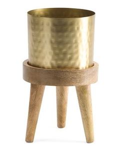 Minimalist White Metal Flower <b>Pot</b> with Wooden Stand for Indoor Desktop Use - Product Image 4