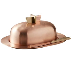 Beurrier ovale en cuivre avec couvercle, vaisselle en métal artisanale, design minimaliste, finition polie, utilisation en cuisine - Product Image 2