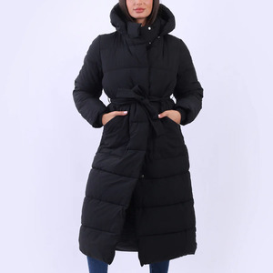 Women's Long Quilted Hooded Puffer Jacket With Belt Closure <b>Thick</b> <b>Winter</b> <b>Coat</b> Full Sleeve Solid Color Polyester Wadding - Product Image 5