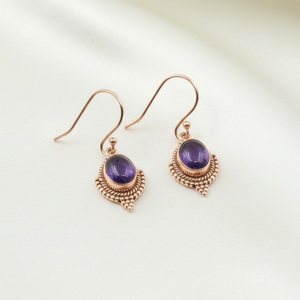 Boucles d'oreilles pendantes de luxe en améthyste et lotus, en argent sterling 925 plaqué or rose et or jaune, bijoux faits à la main, cadeau pour femme, mode et art - Product Image 1
