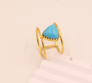 Anillo de Plata de Ley 925 con Turquesa Natural, Engaste Clásico en Bisel, Chapado en Oro de 18k, Gema Triangular, Doble Banda, para Mujer - Product Image 1