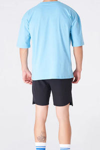 Men's Light Blue Crew Neck T-Shirt <b>Set</b> With Black Shorts Solid Color Casual Summer Wear - Product Image 3