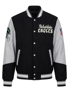 Men's Varsity <b>Jacket</b> Black Wool Blend <b>Baseball</b> <b>Bomber</b> <b>Jacket</b> with Embroidered Eagle Patch Letterman Style - Product Image 3