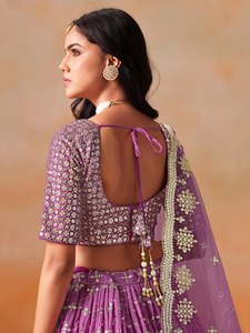 Purple Embroidered Candy Color Floor-Length A-Line Organza <b>Lehenga</b> with V-neck Crop Top and Dupatta for Bridesmaid - Product Image 4