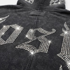 Customized Wholesale Street Vintage Washed Faded Oversized <b>Sweatshirt</b> Rhinestone Embroidery Graphic Print <b>Men</b> Boxy Hoodie - Product Image 3