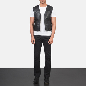 Men's Genuine <b>Leather</b> <b>Vest</b> Moto <b>Biker</b> Style Zipper Closure Solid Color Autumn Outer Wear Regular Fit - Product Image 2