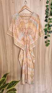 Robe d'été décontractée pour femme, style bohème, imprimé floral, en soie, col en V, manches courtes, coupe ample, longueur ras du sol, effet délavé, écologique - Product Image 5