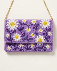 Sac à main rectangulaire violet fait main avec broderie artisanale de fleurs de marguerite - Product Image 1