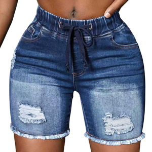 Women's Summer Casual Cute Blue Denim Shorts <b>Elastic</b> Mid <b>Waist</b> Drawstring Ripped Distressed Raw Hem Streetwear Fashion Daily - Product Image 1