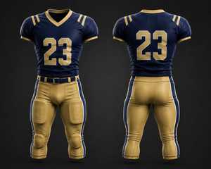 Custom American Football Uniform Navy Gold V-Neck Jersey with Padded Pants Moisture Wicking Fitted Short Sleeve Adult Sportswear - Product Image 1
