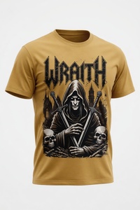 Camiseta Gráfica Personalizada al por Mayor para Hombre, Diseño Wraith, Amarillo Mostaza, Manga Corta, Cuello Redondo, Estilo Fantasía, Arte Oscuro, Guerrero con Capucha, Calavera y Espada - Product Image 5