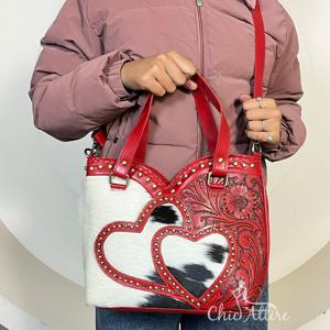 Bolso de Hombro de Cuero Repujado con Pelo de Vaca Estilo Western Hecho a Mano, Bolsos Tote de Diseño de Boutique de Moda con Estampado de Corazón y Correa Ajustable - Product Image 1