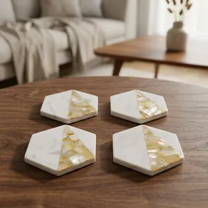 Ensemble de sous-verres hexagonaux en marbre blanc de qualité supérieure, design en carreaux de pierre naturelle, décoration élégante pour la maison, protection pour table basse et repas - Product Image 3