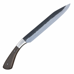 Couteau de boucher à lame longue, manche en bois brun foncé, bolster argenté, tranchant noir et argenté pour la découpe de viande, utilisation en extérieur - Product Image 1