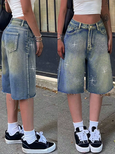 Shorts de mezclilla para mujer, estilo Y2K retro, con bolsillos inclinados, dobladillo acampanado, pierna ancha, casual, para verano - Product Image 4