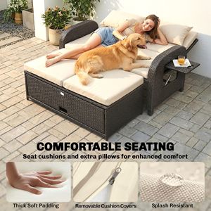 Lettino da giorno in rattan per patio con pouf contenitore e schienale regolabile, beige - Product Image 6